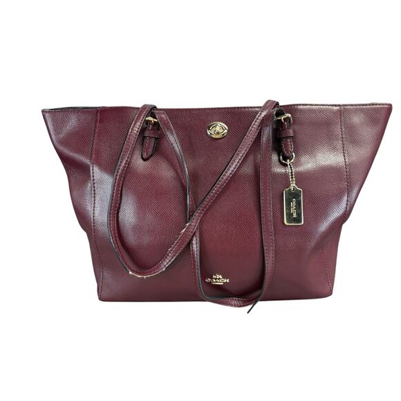 Coach Turnlock Leather Tote Bag Oxblood Burgundy Pebbled Gold Hardware - Picture 2 of 14